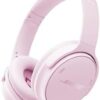 Close up of the plush over-ear cushions and padded headband on the Petal Pink Bose QuietComfort headphones.