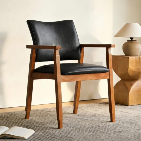 Mid-Century Modern Dining Chairs with Armrest Set of 1, PU Leather Upholstered Dining Room Chairs with Solid Wood Frame, Walnut Kitchen Armchairs for Kitchen Living Room Restaurant, Black