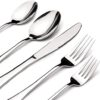 Close-up of the premium stainless steel finish on this 60 piece silverware set showing mirror-like polish.