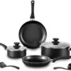 Top-down view of the complete Becigar 8-piece nonstick cookware set including lids and utensils