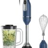 Close up of the 9-inch stainless steel immersion blending arm with integrated pan guard