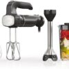 Close up of the PowerBase and the 9-inch stainless steel immersion blending arm with a protective pan guard.