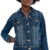Close up of the sophisticated spread collar on the Liverpool Classic stretch denim jacket.