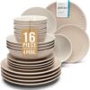 Full 16 piece stoneware dinnerware set including dinner plates, salad plates, bowls, and pasta bowls for four.
