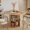 Front view of the Nalupatio circular kitchen table showing the unique sliding door and half-open storage shelf