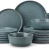 Full 18-piece stoneware dinnerware set showcasing the unique reactive glaze finish