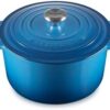 Front view of the Marseille blue 6.5qt deep enameled cast iron dutch oven showing ergonomic handles.
