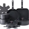 A close-up view of the SENSARTE granite non-stick coating on a frying pan included in the 17-piece set.