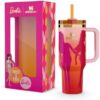 Close up of the vibrant tangerine lid and matching straw on the Barbie Stanley tumbler 40oz.