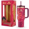 Close-up detail shot of the gold hardware and disco-inspired design on the limited edition Stanley Barbie tumbler.