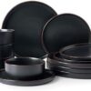 Close-up of Famiware Nebula Ridge stoneware showing unique hand-painted edges on matte black plates.