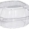 Side profile of 6 inch hinged plastic containers showing minimal sidewall ribbing for added strength.