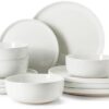 Front view of the 12-piece Famiware Milkyway stoneware dinnerware set on a table