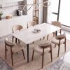 Farmhouse Dining Chairs Set of 6, Mid Century Modern Fabric Upholstered Kitchen Chairs, Wooden Dining Room Chair with Curved Back for Kitchen Dining Room Restaurant Cafe, Light Camel (Only Chairs)