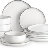 Close up of the MALACASA Luna 12 piece porcelain dinnerware set showing the smooth GLIDECOAT finish and black rim.