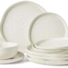 Famiware Pluto 12-Piece Stoneware Dinnerware Set, Matte Beige White