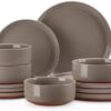 Close-up of the TARA collection dinnerware showing the unique sesame speckle and clay-colored glaze.