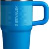 Close-up of the 20oz Stanley flip straw tumbler showing the durable 18/8 recycled stainless steel construction.