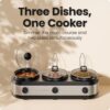 Close-up detail of the individual temperature control knobs on the Chefman triple slow cooker unit.