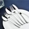 Ergonomic dinner knife and fork from the Stilloye 60 piece stainless steel flatware set.