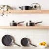 Detailed view of the soft-touch handle on an Amazon Basics saucepan designed to stay cool while cooking.