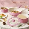 Full 21-piece Umite Chef kitchen cooking set featuring various pots, pans, and silicone utensils in pink.