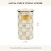 Close-up detail of the artisan color-dragged mocha check finish on the tall enamelware utensil container.