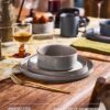 A stack of Famiware Nebula Ridge stoneware dinnerware showing the space-saving stackable design.