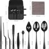 9-Piece Professional Culinary Plating Set, Black Stainless Steel Chef Plating Tools with Storage Roll & Cleaning Cloth for Food Presentation