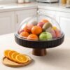12 Inch Mango Wood Fruit Bowl with Clear Cover Large Decorative Black Fruit Bowls with Lid for Kitchen Counter Wooden Centerpiece Food Tray for Dining Table