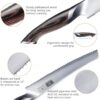 Close up of the HOSHANHO 10 inch serrated bread knife slicing through a crusty baguette effortlessly.