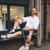 Model wearing the classic crewneck heavyweight bamboo pocket t-shirt for casual street style.