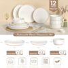 Stack of Umite Chef 12-piece stoneware dinnerware showing space-saving design for kitchen storage.