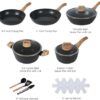 Anymark ceramic cookware set including 9-inch and 11-inch fryers with matching lids and storage accessories.