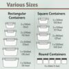 Le'raze glass containers used for meal prep, showcasing various portion sizes for lunch and snacks.