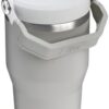 Side profile of the recycled stainless steel Stanley IceFlow tumbler showing the sturdy easy-carry handle.