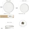Stackable 12 piece porcelain dinnerware set showing the space-saving flat design for organized kitchen storage.