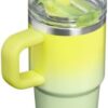 Top-down view of the two-tone lid and built-in straw on the Stanley flip straw tumbler.