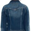 Close up of the long sleeves and buttoned cuffs on the stretch denim jacket design.