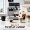 Modern espresso machine with grinder showing the convenient 60oz water tank and one-touch brewing interface.