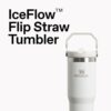 Detail of the leak-resistant flip straw on the Stanley IceFlow tumbler snapped in the closed position.