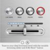 Side profile of the brushed stainless steel 4 slice toaster with manual lift levers.