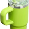 Detail view of the two-tone lid and straw mechanism on the Stanley ProTour chartreuse tumbler