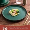 Microwave and dishwasher safe Famiware Nebula Ridge stoneware dinnerware set pieces displaying deep matte texture.