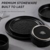 The 12-piece stoneware dinnerware set stacked compactly to show space-saving storage for modern kitchens.