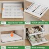 A set of four PAKETA expandable pull out cabinet organizers arranged to show adjustable width capability