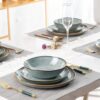 Top-down view of the 24-piece ceramic dinnerware set for 8 on a kitchen table