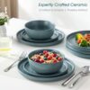 Microwave and dishwasher safe stoneware dinnerware set arranged for casual kitchen use