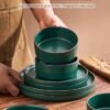 Close up of Famiware Nebula Ridge stoneware bowl and plate highlighting the artisan-crafted warm-toned edges.
