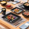 vancasso Soho Dinnerware Sets 24 Pieces, Black Stoneware Square Place Setting, Dinner Plate, Cups and Plates Sets for Kitchen, Dish Set for 6